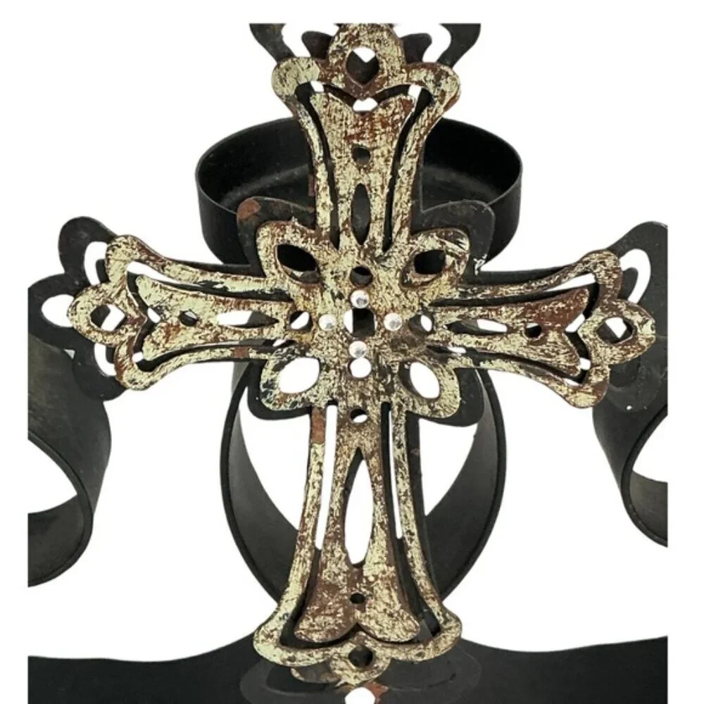 Artisan Jeweled Cross Multi Votive Candelabra Candle Holder Primitive Vintage